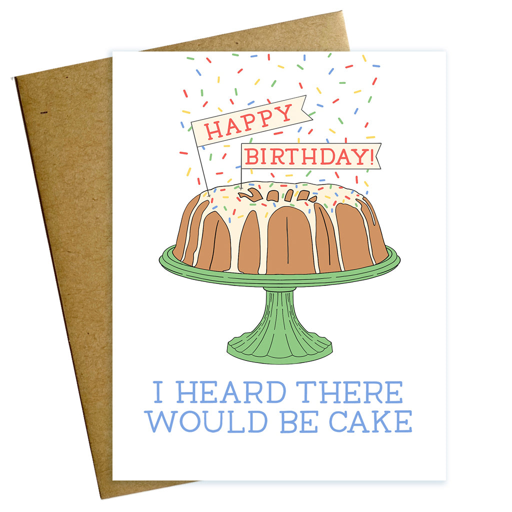 I  Heard there would be cake birthday card with illustrated bundt cake, sprinkles  and happy birthday pennants
