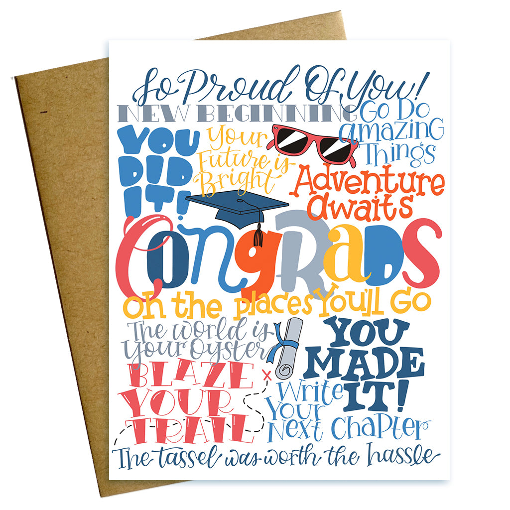 congrads graduation card with hand-drawn typographic words associated with graduating