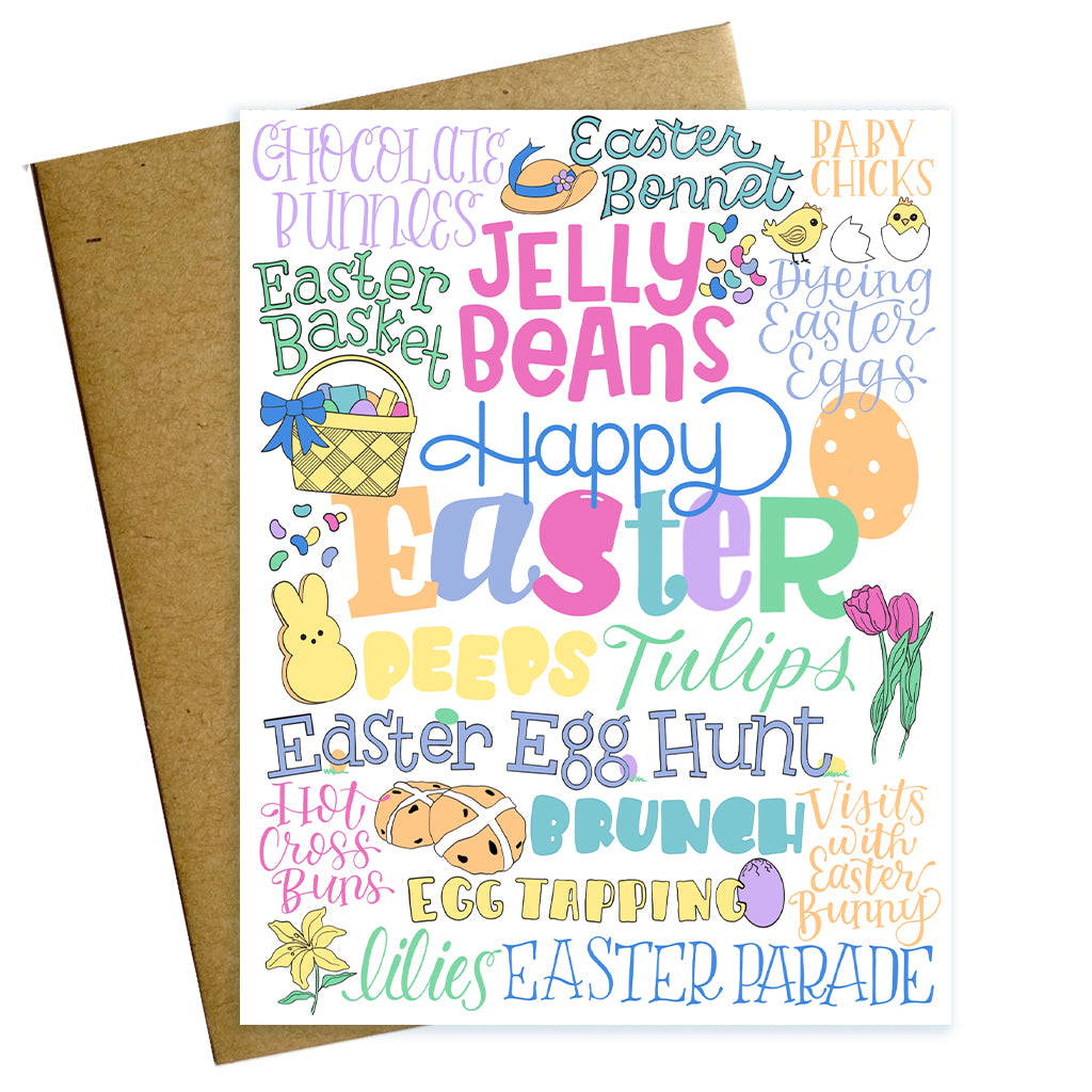 Hand-lettered Colorful pastel Happy Easter card with Spring themed words and illustrations