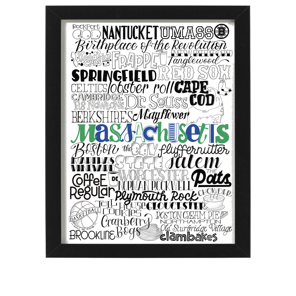 8 x 10 Massachusetts Typographic art print of the state's famous cities, towns, landmarks, sports and food like Red Sox, Cape Cod and berkshires